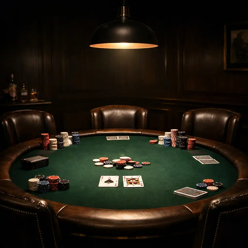 Soukromý pokerový salon s profesionálním stolem a žetony