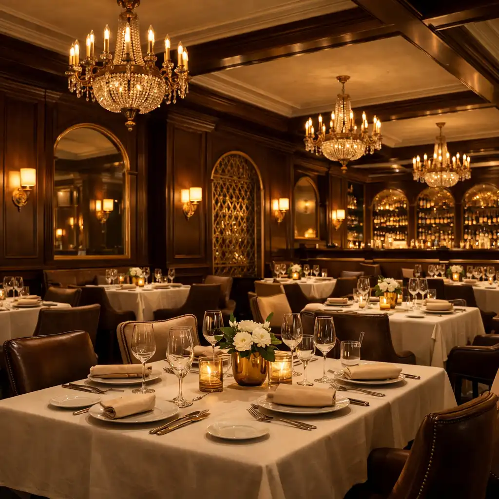 Elegantní jídelní část restaurace s prostřenými stoly
