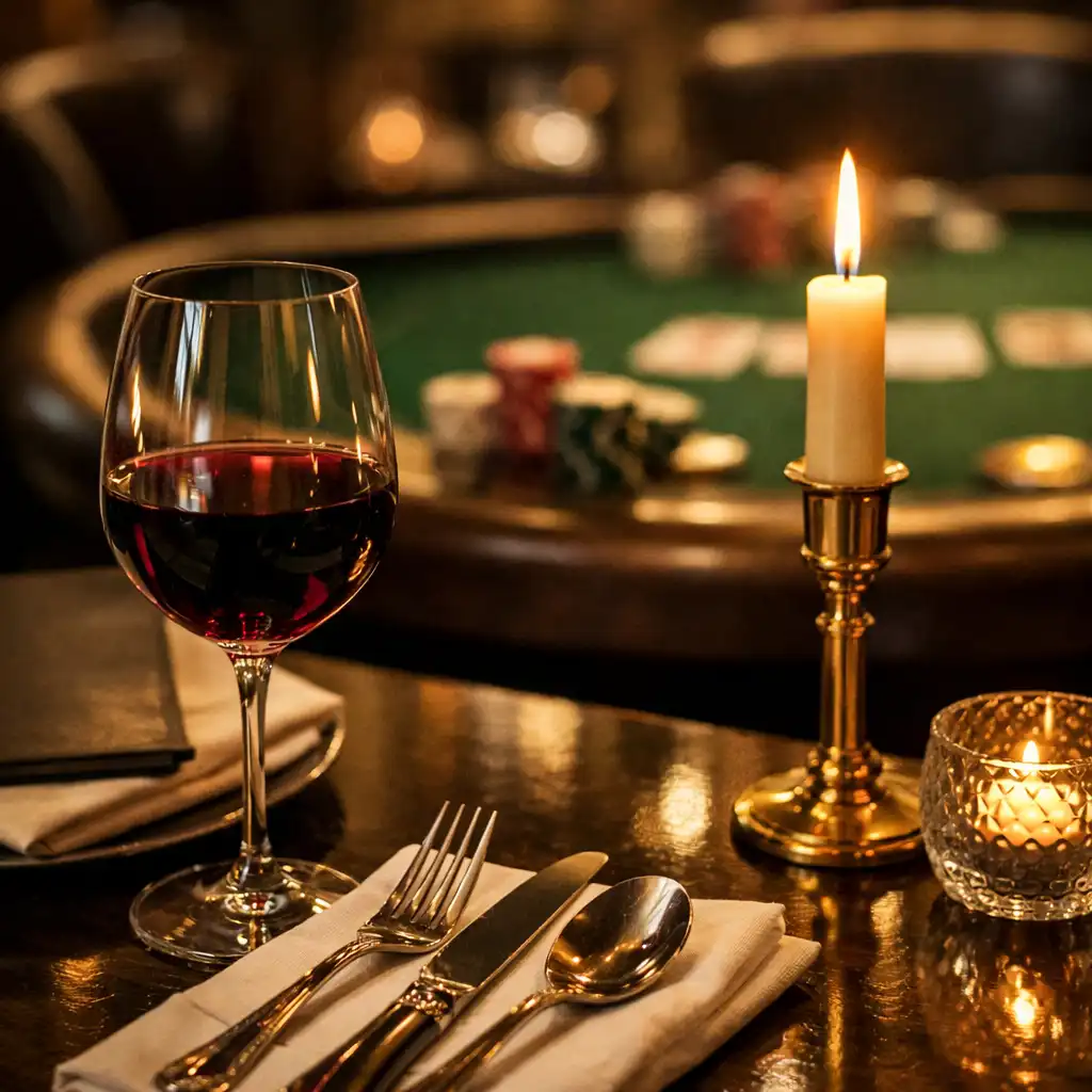 Prostřený stůl v restauraci s vínem a svíčkou, v pozadí pokerový stůl
