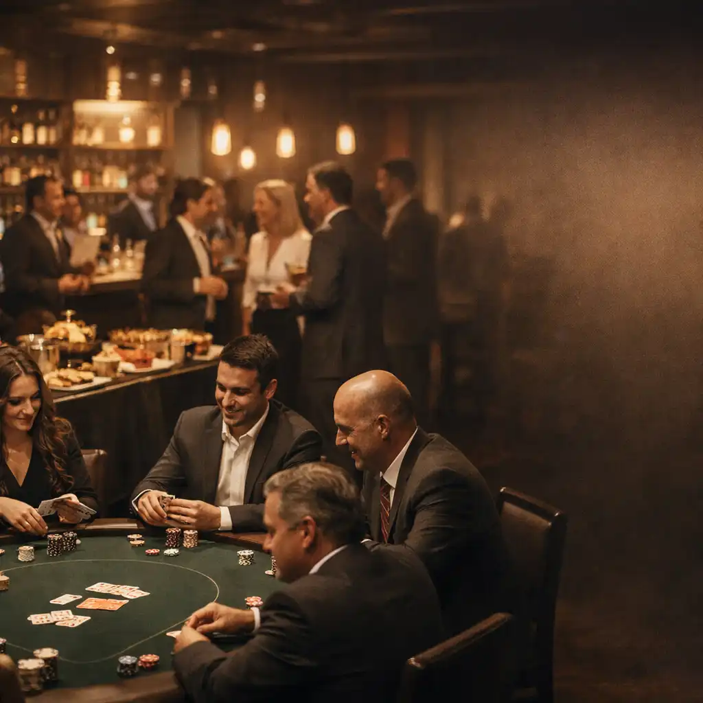 Firemní večírek Casino Night s pokerovými stoly a koktejlovým barem