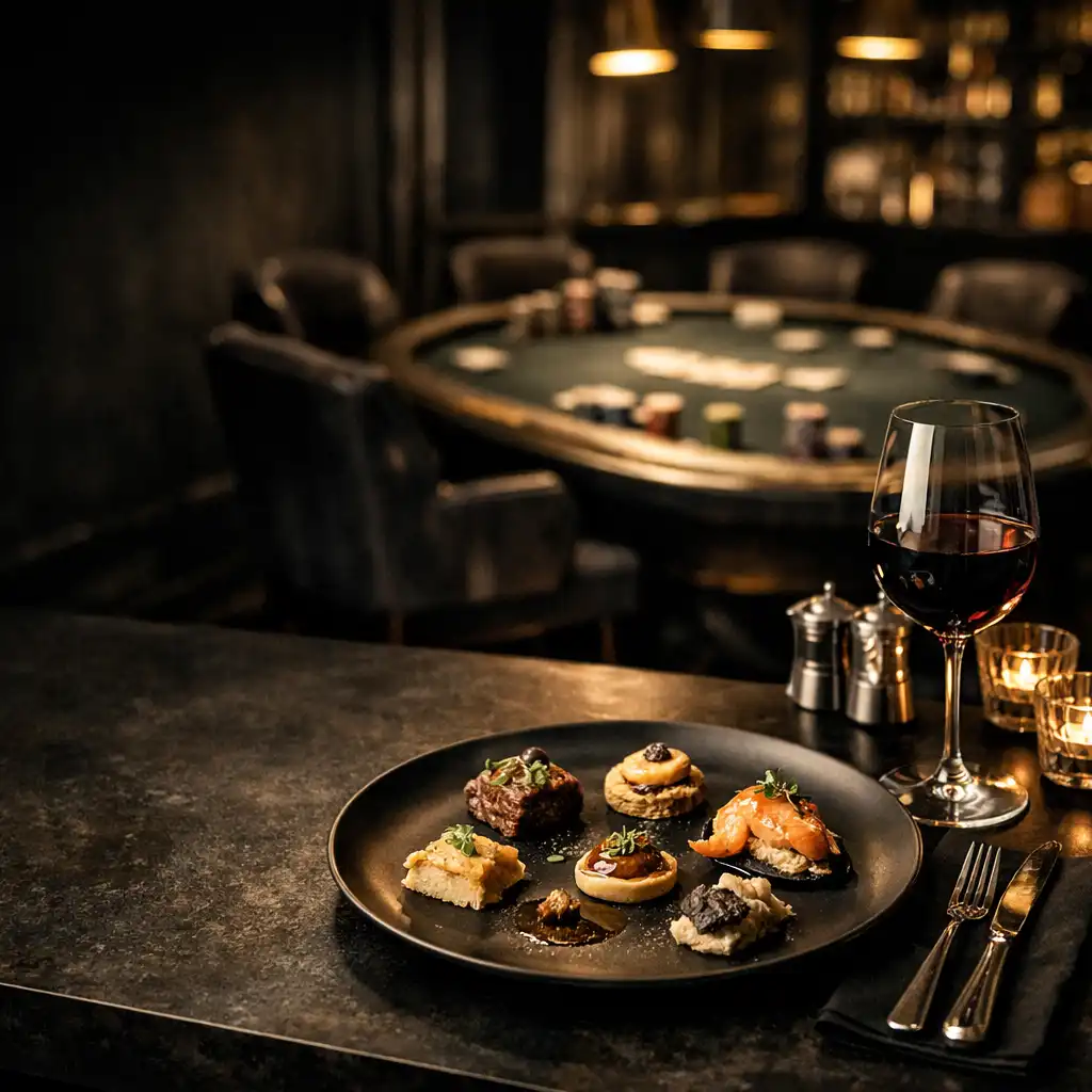 Elegantní tmavý interiér restaurace s pokerovým stolem, sklenicí vína a degustačním talířem v jemném zlatém osvětlení