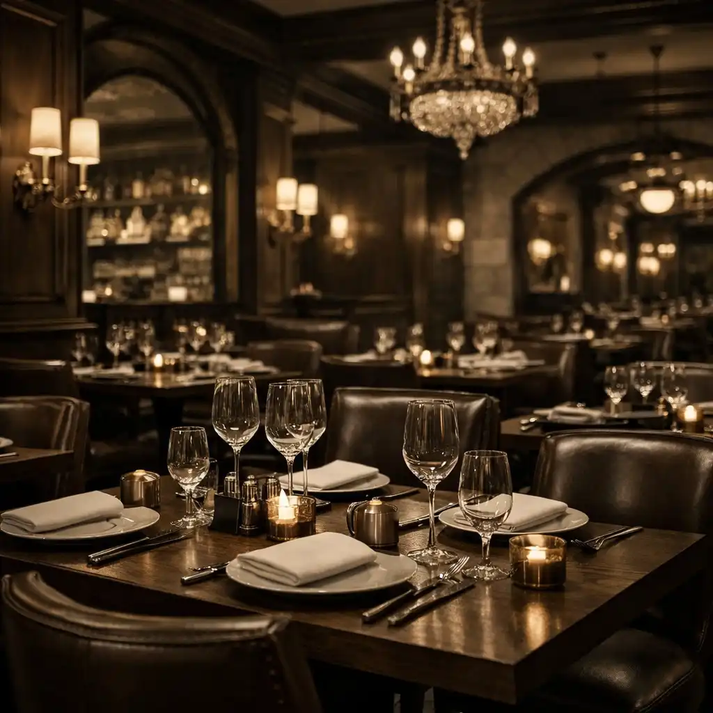 Interiér luxusní restaurace v Praze s tmavým dřevem, koženými židlemi a jemnými zlatými doplňky