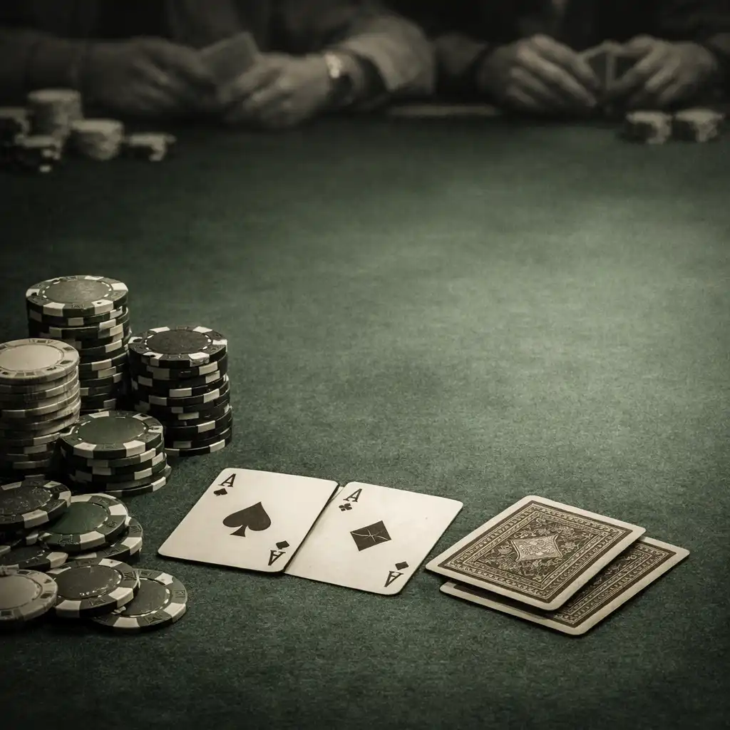 Detail pokerového stolu se žetony a kartami na zeleném plátně pod jemným osvětlením