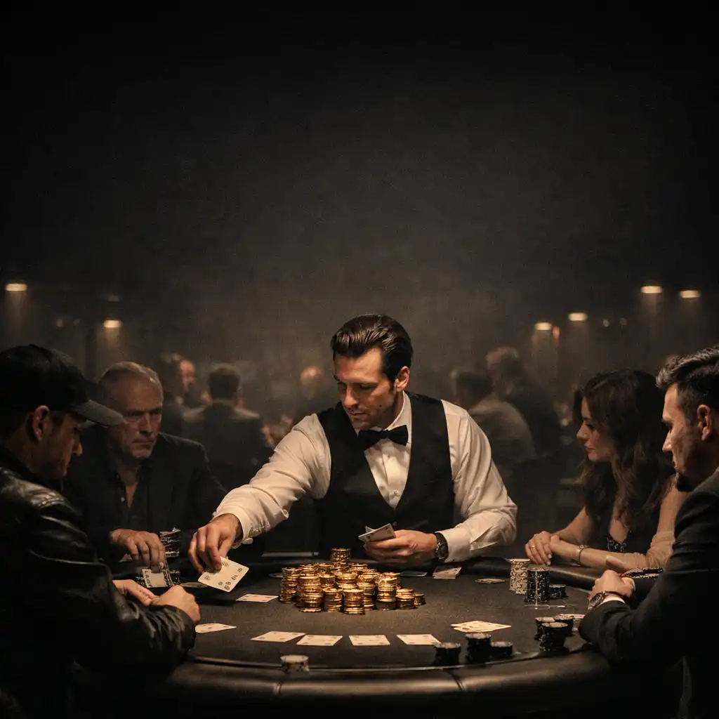 Pokerový turnaj Zlatý večer s krupiérem a hráči u stolu