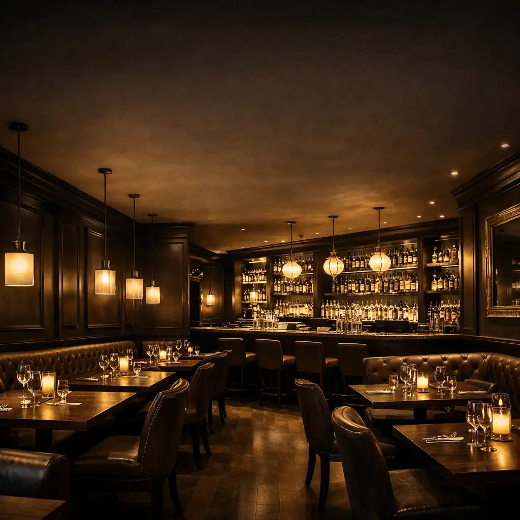 Elegantní interiér restaurace Mestskysalonek s tmavými stěnami, dřevěnými prvky a jemným osvětlením