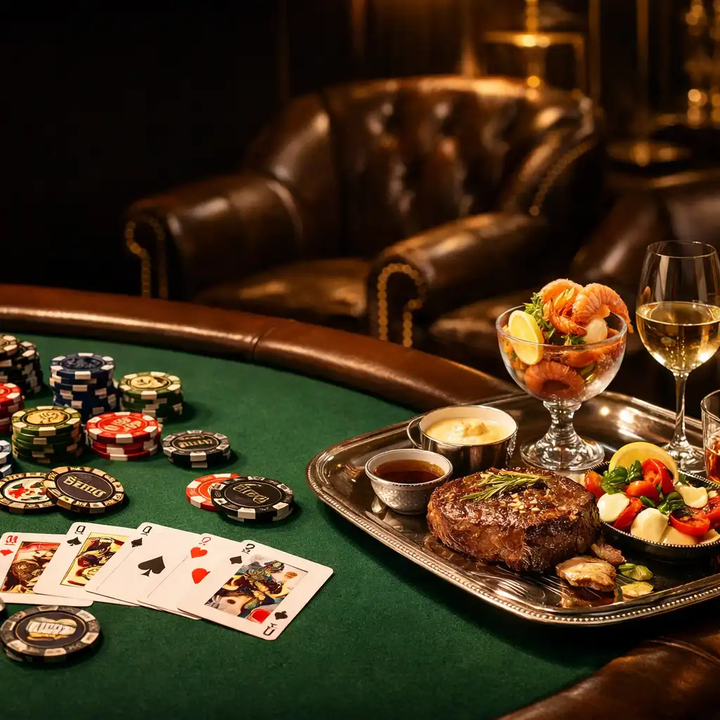 Pokerový stůl se suvenýrovými žetony a servírovaným jídlem na elegantním podnose