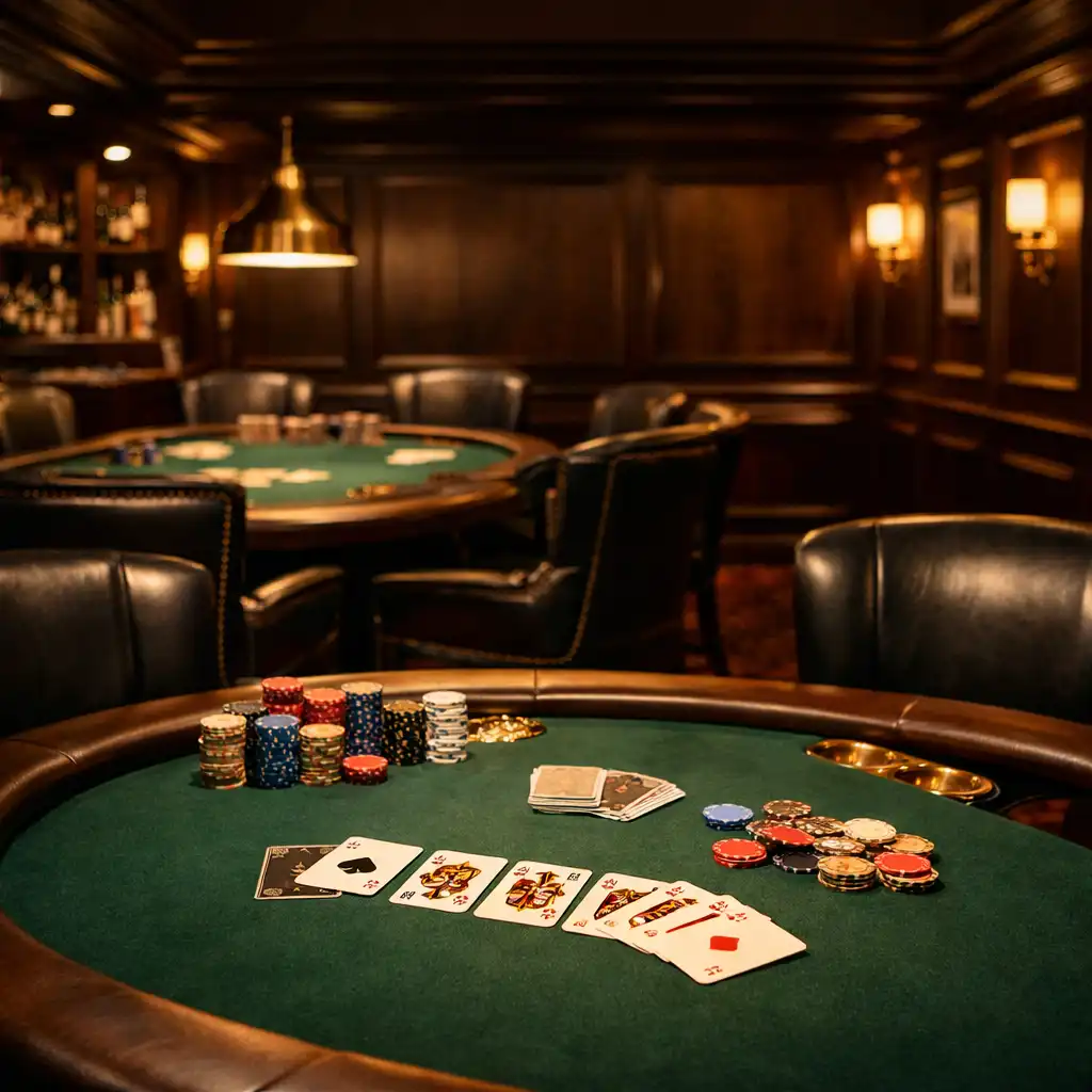 Interiér soukromého pokerového salonu s profesionálním stolem, koženými křesly a suvenýrovými žetony