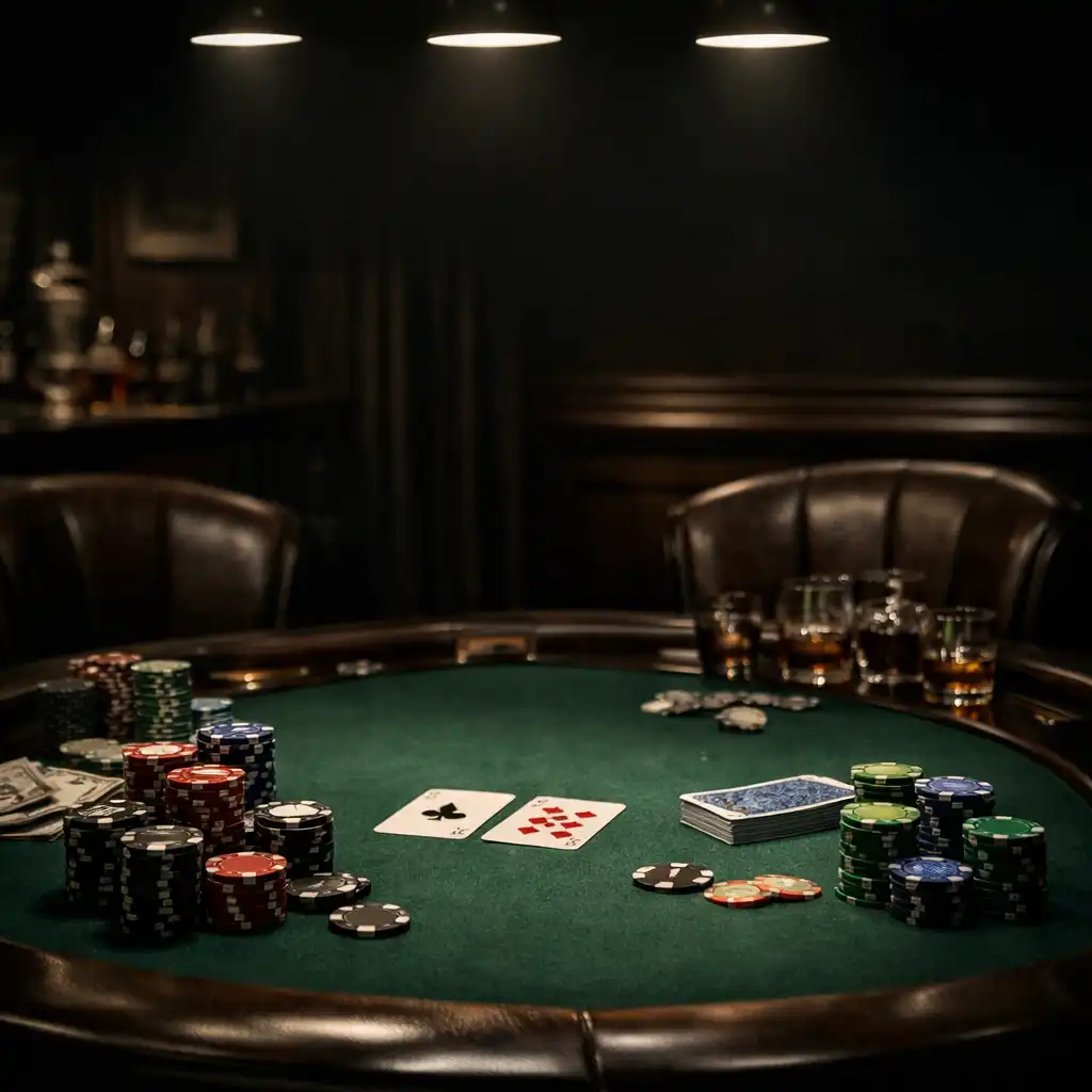 Soukromý pokerový stůl se zeleným plátnem, žetony a kartami v luxusním salonu